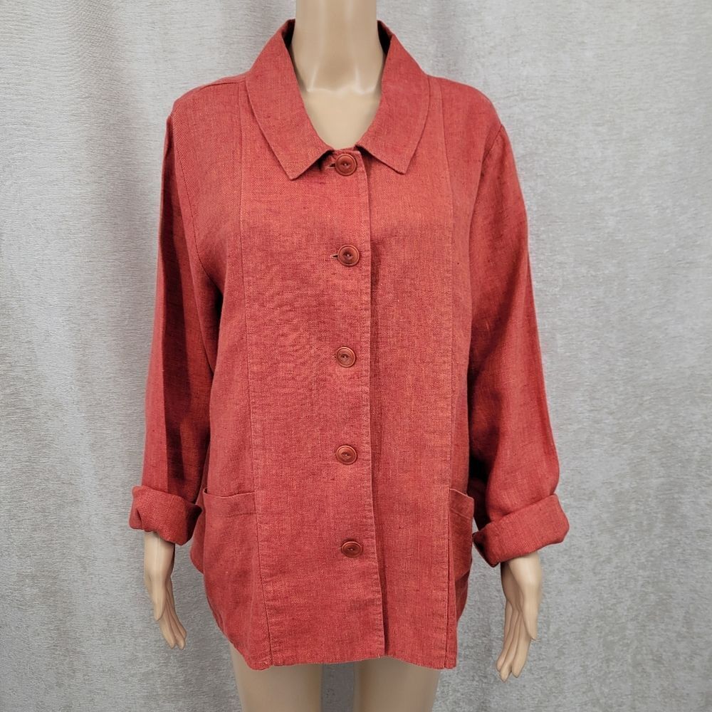 FLAX Linen Orangey Red Rust Button Up Jacket Schaket With Pockets